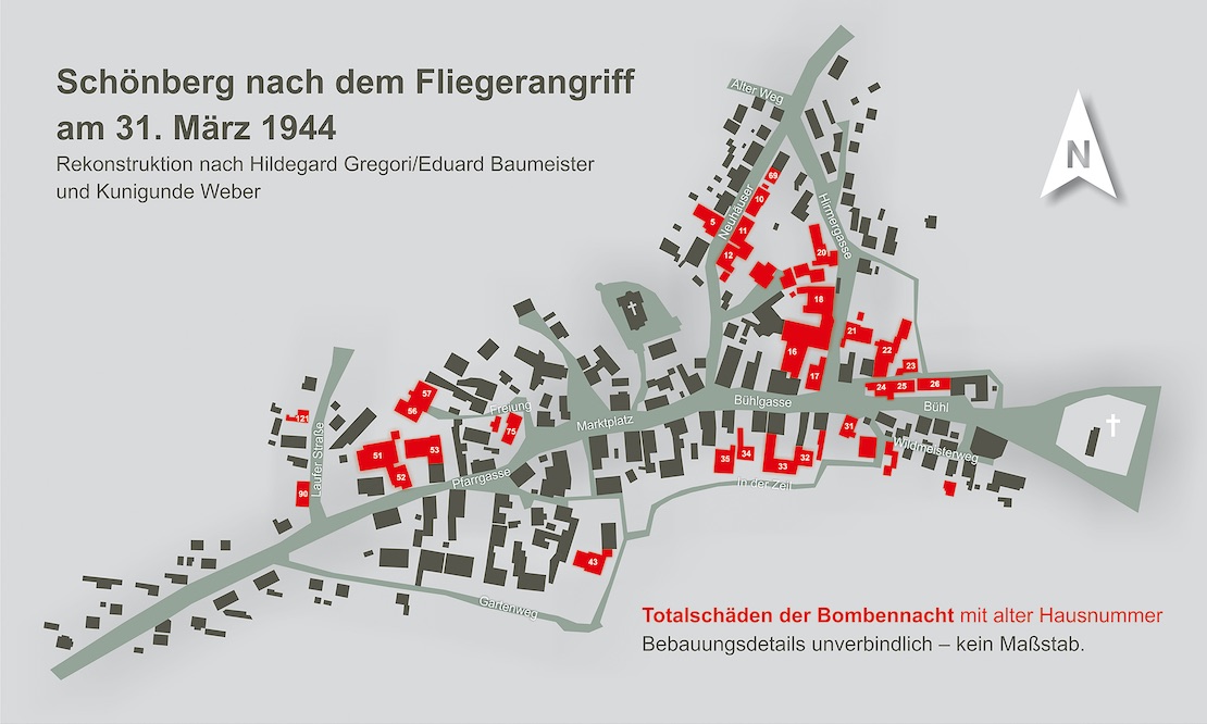 Karte von Schönberg nach dem Luftangriff 1944