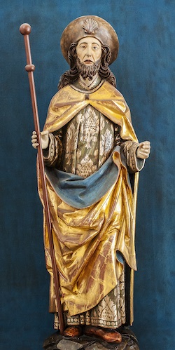 Figur von Jakobus als Pilger mit Goldenem Gewand und Stab